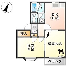 ローレルコート2号棟 2階2DKの間取り