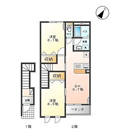 サン　ガーデンB 2階2DKの間取り