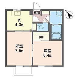 タウンコート下長B 2Kの間取図画像