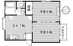 ハイツ原之郷。 2階2DKの間取り