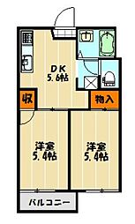 レスポワールハネサ 1階2DKの間取り