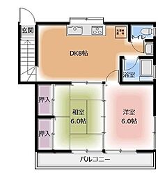 奥田貸家 2階2DKの間取り
