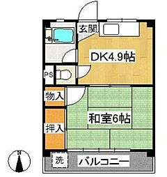 第二みそのハイツ 2階1DKの間取り
