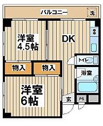 京西マンションビル 2階2DKの間取り