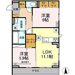 千葉都市モノレール 千城台北駅 徒歩10分の賃貸マンション 2階2LDKの間取り