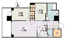 プラウドタワー武蔵小金井クロス 9階2LDKの間取り