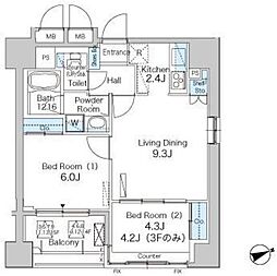 パークアクシス駒込 3階2LDKの間取り