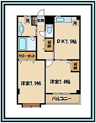 京王相模原線 京王よみうりランド駅 徒歩24分の賃貸マンション 2階2DKの間取り
