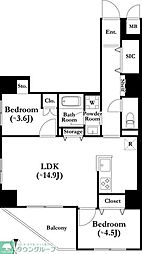 JR総武線 錦糸町駅 徒歩8分の賃貸マンション 6階2LDKの間取り