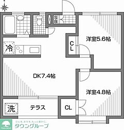 グリーンウェーブ北の台 2階2DKの間取り