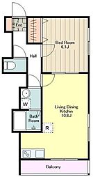 ドミール弐番館 2階1LDKの間取り