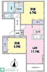 JR武蔵野線 越谷レイクタウン駅 徒歩19分の賃貸アパート 1階2LDKの間取り
