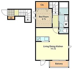 JR中央線 国立駅 徒歩13分の賃貸アパート 2階1LDKの間取り