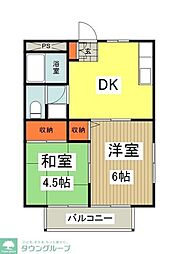 フラワーハイツB棟 2階2DKの間取り