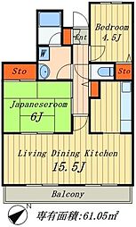 JR総武線 東船橋駅 徒歩13分の賃貸マンション 3階2LDKの間取り