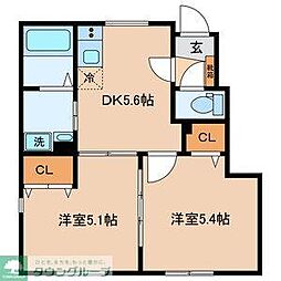 西武多摩川線 是政駅 徒歩9分の賃貸テラスハウス 1階2DKの間取り