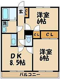 京王線 国領駅 徒歩19分の賃貸マンション 2階2DKの間取り