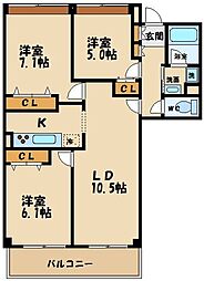 京王線 つつじヶ丘駅 徒歩10分の賃貸マンション 3階3LDKの間取り