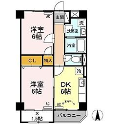 JR中央線 国立駅 徒歩4分の賃貸マンション 2階2DKの間取り