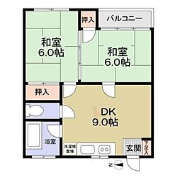 西武多摩川線 是政駅 徒歩6分の賃貸マンション 2階2DKの間取り