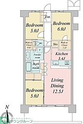JR中央線 武蔵境駅 徒歩4分の賃貸マンション 3階3LDKの間取り