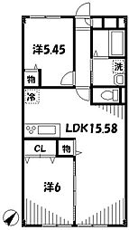 JR中央線 国分寺駅 徒歩15分の賃貸マンション 2階2LDKの間取り