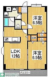 西武拝島線 東大和市駅 徒歩8分の賃貸マンション 3階2LDKの間取り