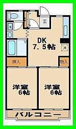 小田急小田原線 祖師ヶ谷大蔵駅 徒歩9分の賃貸マンション 2階2DKの間取り