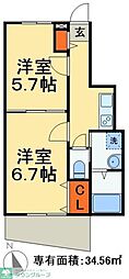 JR常磐線 松戸駅 徒歩8分の賃貸アパート 1階2Kの間取り