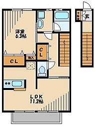 グリーンハイム中町 2階1LDKの間取り