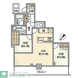 リヴァリエB棟 2LDKの間取図画像