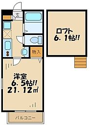 ロカ壱番館 2階1Kの間取り