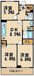 第2ゼルコーバ烏山 4階3DKの間取り