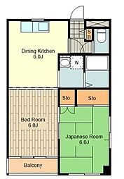 JR南武線 谷保駅 徒歩23分の賃貸マンション 2階2DKの間取り