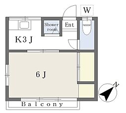 服部荘 2階1Kの間取り