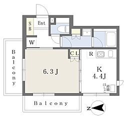 ルミナス駒場 4階1Kの間取り