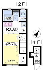 カーム緑が丘 2階1Kの間取り
