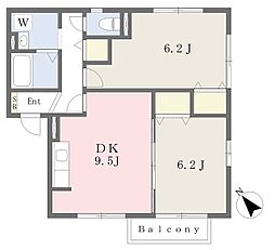 エスターテA館 2DKの間取図画像