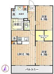 JR身延線 国母駅 徒歩30分の賃貸マンション 2階2LDKの間取り