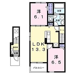 JR身延線 甲斐住吉駅 徒歩17分の賃貸アパート 2階2LDKの間取り