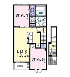 JR久留里線 祇園駅 徒歩16分の賃貸アパート 2階2LDKの間取り