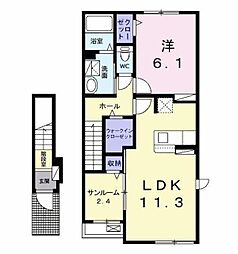 JR内房線 木更津駅 バス9分 下久津間下車 徒歩7分の賃貸アパート 2階1LDKの間取り