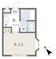レトワールB 1Kの間取図画像