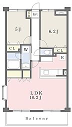 ヴィルヌーブ六辻 2LDKの間取図画像