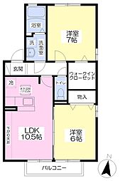 セジュール前川I 2階2LDKの間取り