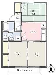 セジュールナカミカワＢ 1階3DKの間取り