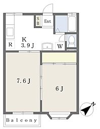 クレセール八木山 2階2Kの間取り
