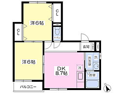 プルミエールI 3階2DKの間取り