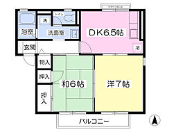 ウッドアリストＣ棟 2階2DKの間取り