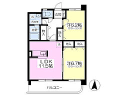 グランディールササヤII 4階2LDKの間取り